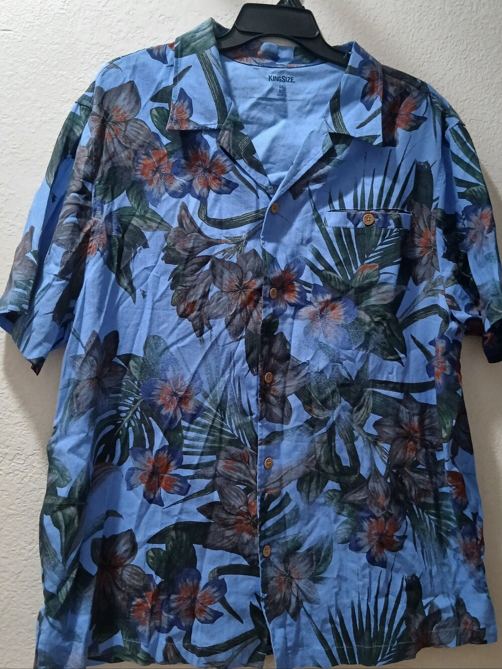 Kingsize 2Xl  Blue Floral Short-Sleeve Button-Down Shirt